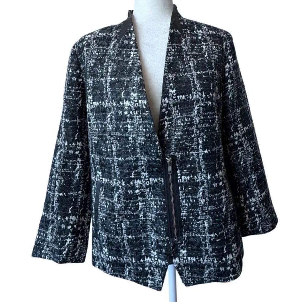 Trouve Womens Blazer Black White Metallic V Neck Zipper Large